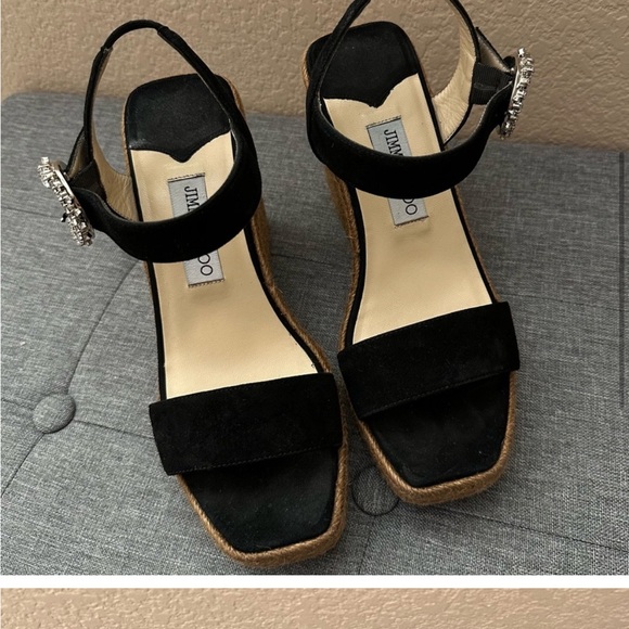 Jimmy Choo Crystal Embellished Buckle Espadrille Wedge Heels Shoes Black Leather - Picture 8 of 9